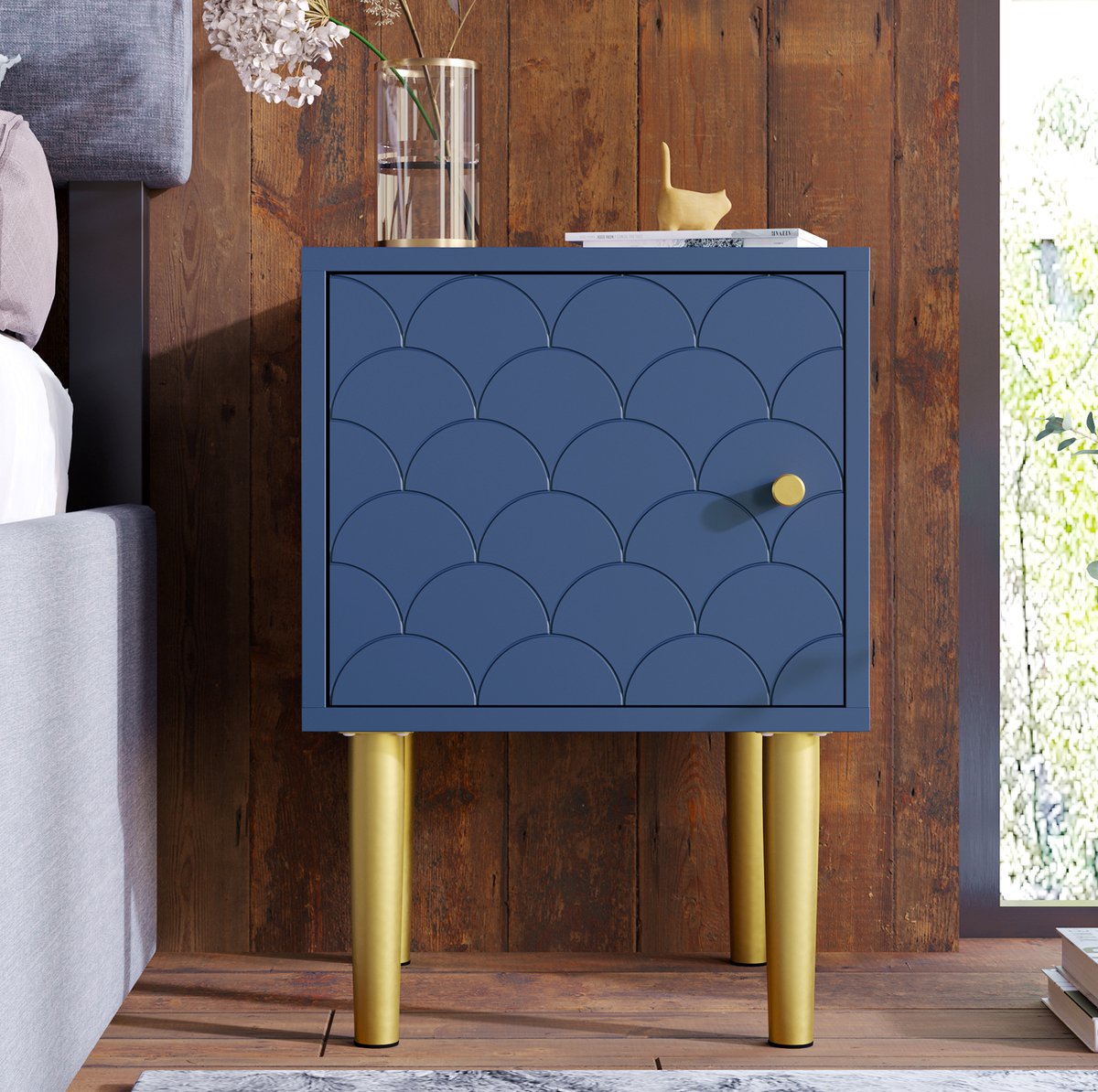 FloraGrace Halfhoge Kast - Nachtkastje Met Visgraatlook En Deur - Voor Slaapkamer En Woonkamer - Spaanplaat En Metaal - 35x35x51 Cm - Marineblauw
