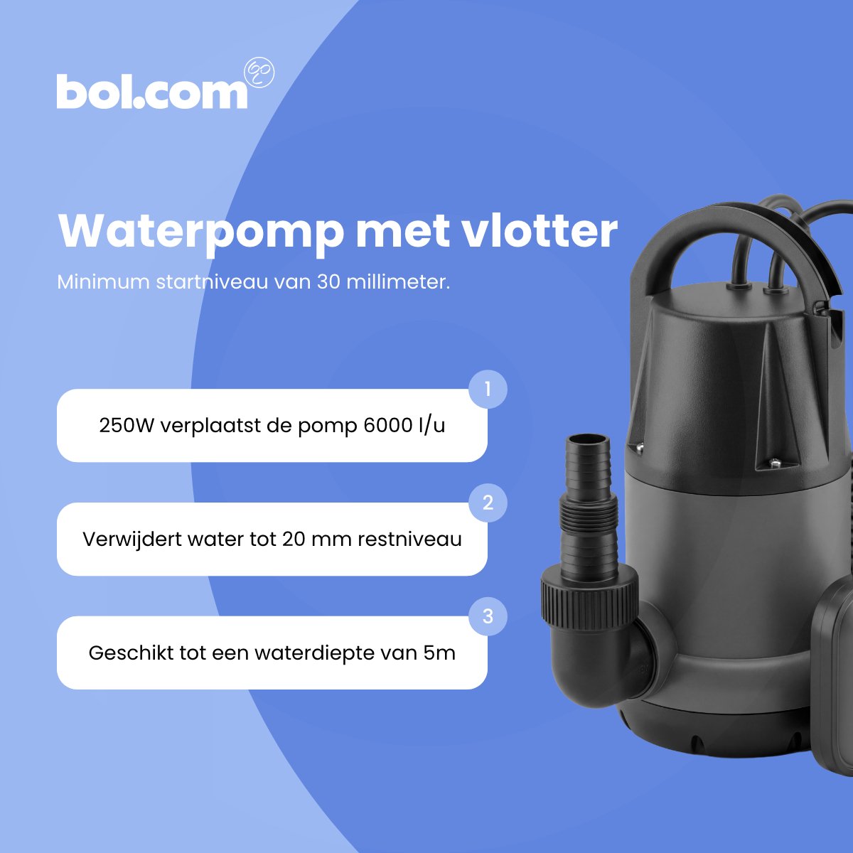 123® Dompelpomp Schoon Water 6000 l/u – Zwembad leegpompen – Automatische Vlotterschakelaar – Kelderpomp tegen Wateroverlast – Waterpomp voor Kelder, Zwembad, Vijver en Tuin – foto 2