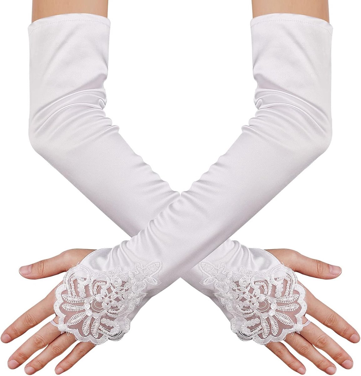 Elegante Vingerloze Satijnen Lace Handschoenen voor Bruiloft en Feest, Wit, 48 cm - Perfecte Accessoire voor Bruidsmode en Avondkleding