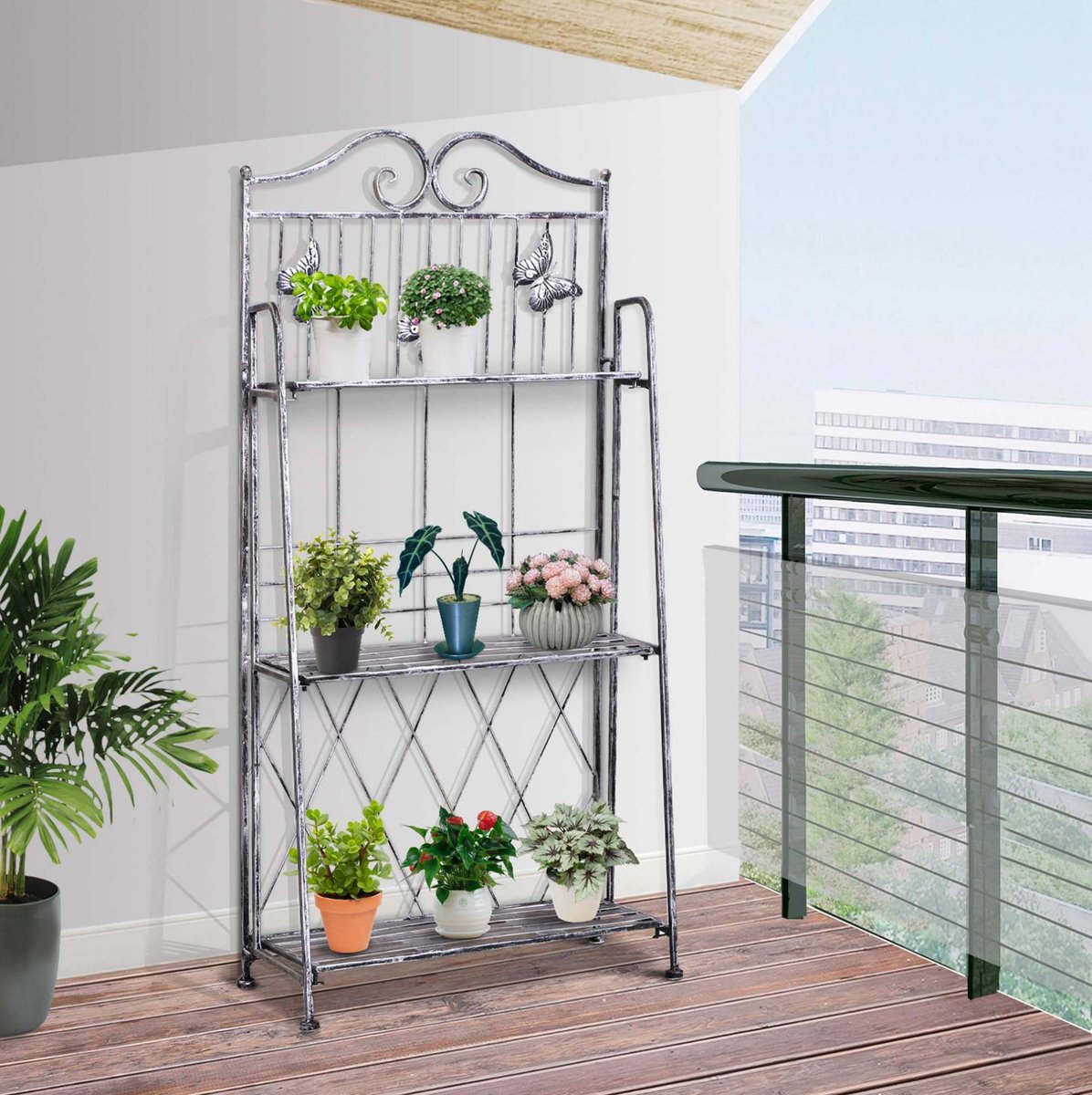 MEUNIQ Plantenrek metaal 3 etages 44 x 25 x 96 cm opvouwbaar decoratief bloemenrek voor binnen en buiten met draagvermogen tot 10 kg per niveau grijs