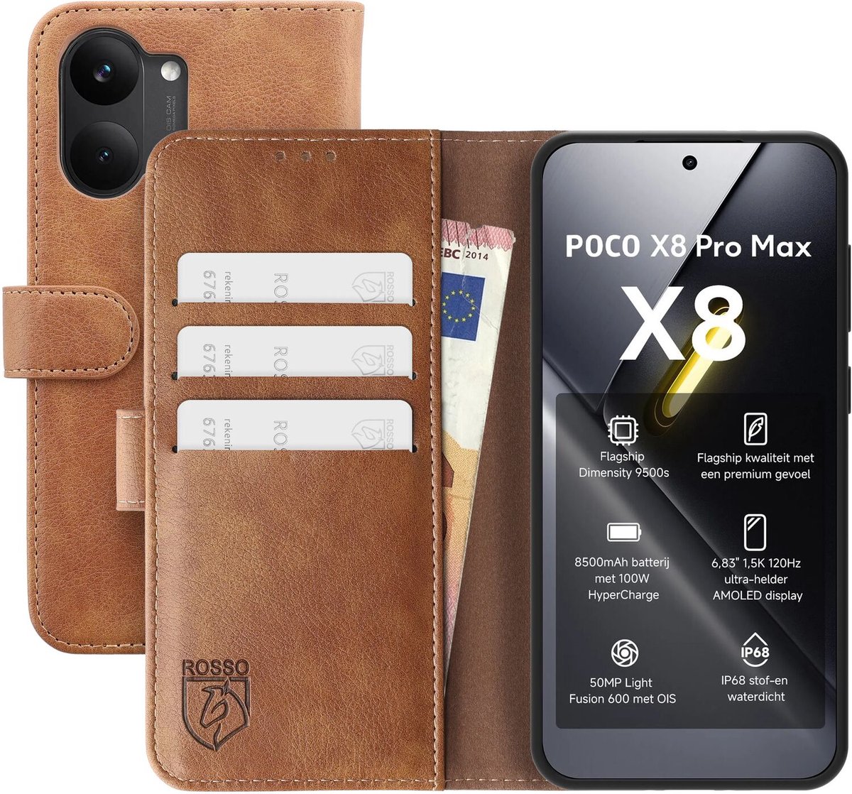 Rosso Element Geschikt voor Xiaomi Poco X8 Pro Max | Wallet Book Case | Portemonnee Hoesje | 3 Pasjes | Magneetsluiting | Stand Functie | Bruin