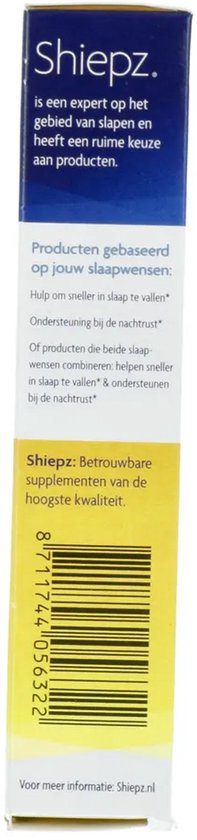 Zijkant van de doos Shiepz met uitleg over slaapproducten en streepjescode. Ook website Shiepz.nl.
