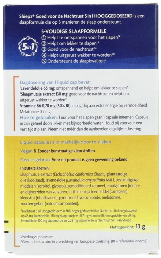 Informatie over Shiepz Nachtrust 5 in 1 hooggedoseerd. 5-voudige slaapformule, dagdosering, ingrediënten. Netto gewicht 13 g.