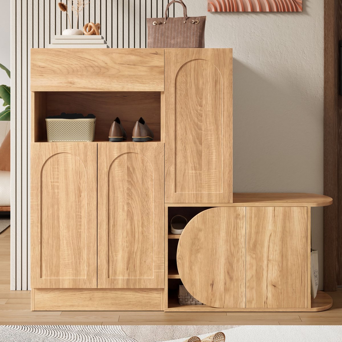 MIVRAY Schoenenkast Met Zitbank - 5 Deuren En 1 Lade Met Open Vak - Voor Hal En Entree - MDF In Natuurlijke Houtlook - 130x35x110,5 Cm