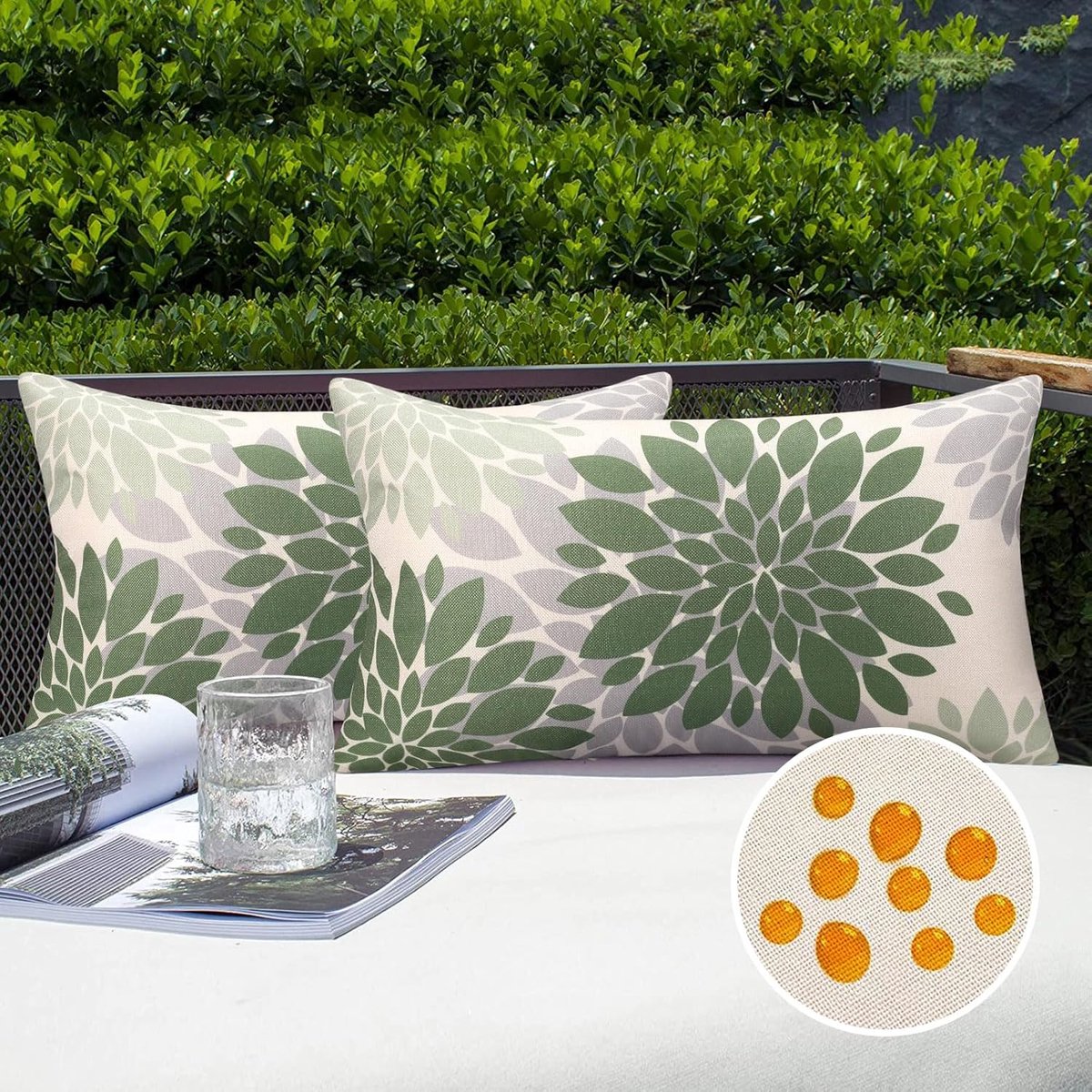 SnelShoppen - Set van 2 Kussenslopen 30 x 50 cm, Groen, Waterdicht Linnen, Boho Dahlia Bloem, Sierkussen voor Outdoor en Indoor Gebruik, Decoratie voo