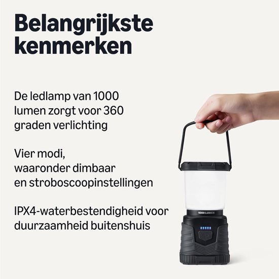 Thijox - LED Campinglantaarn 1000 Lumen met 4 Lichtmodi - Draagbare Waterbestendige Buitenlamp met 360° Verlichting - Ideaal voor Camping, Tuin, Feest — afbeelding 5