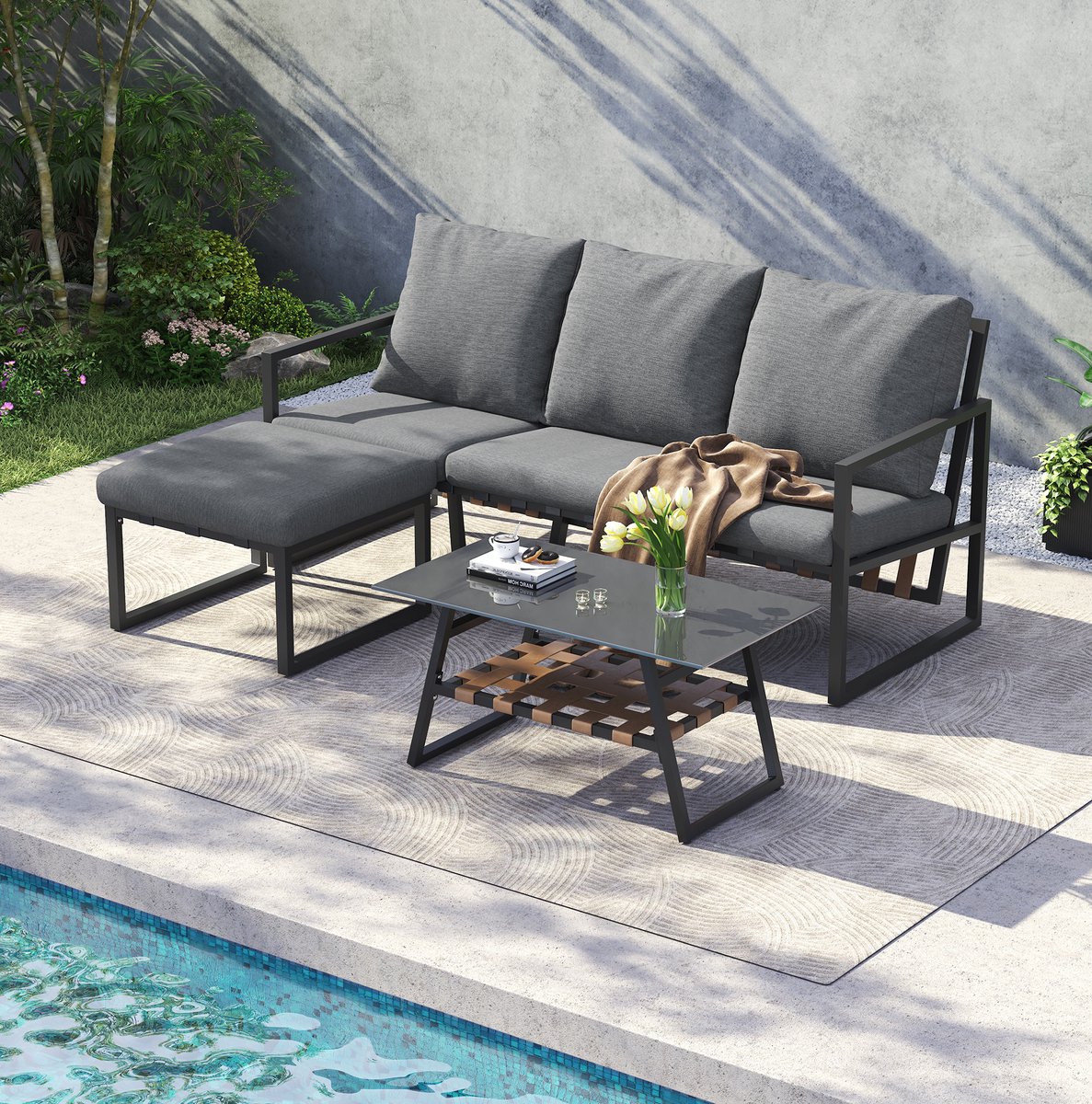DESMIU Loungeset 182,5 X 74 X 79 Cm - Hoek Loungeset Met Hocker En Glazen Tafelblad - Voor Tuin, Balkon En Terras - Polyester Grijs