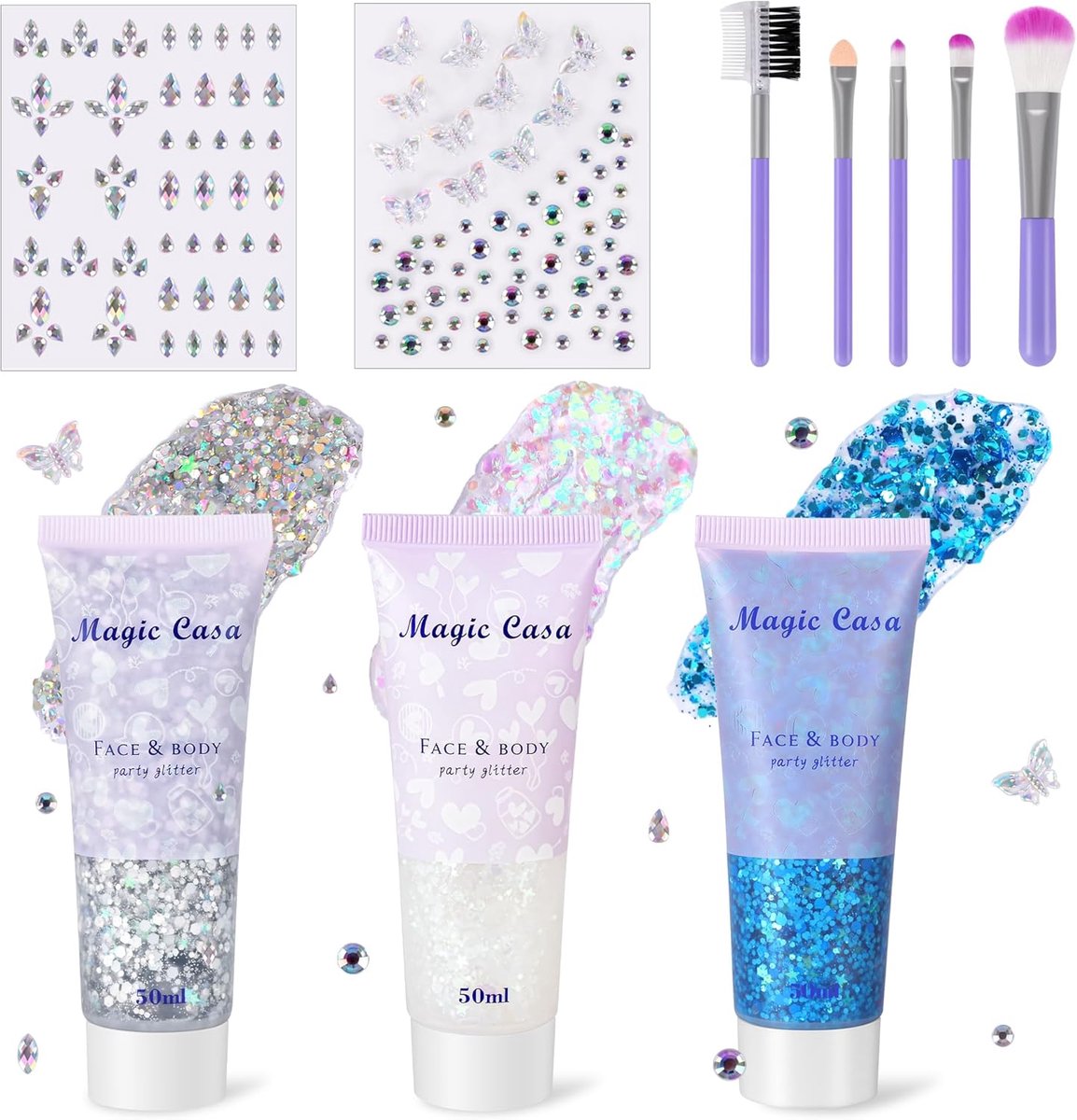 SnelShoppen - 3 Delige Glitter Gel Set met 2 x Zelfklevende Glitter Steentjes en Borstels - DIY Glitter Makeup voor Festivals, Feestjes, en Creatieve