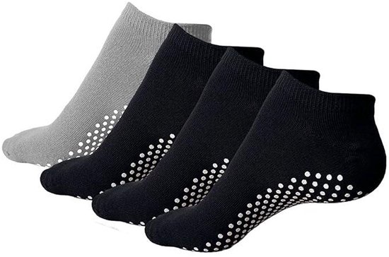 Inovra - 4 paar yogasokken voor dames en heren, antislipsokken, voor pilates, yoga, barre, dans, ballet, trampoline, fitness, ziekenhuis, revalidatie, 3 paar zwart + 1 paar grijs, One size