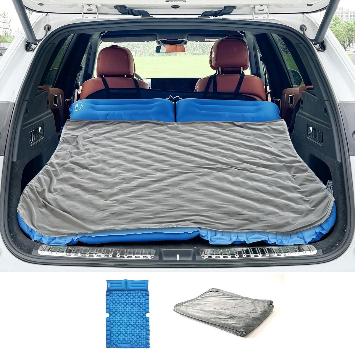 Thijox - ONTYZZ Luchtbed voor 2 Personen, Zelfopblazende Slaapmat voor Camping en Reizen, Opblaasbaar SUV Bed met Voetpomp en Kussen, 183 x 131 x 7 cm