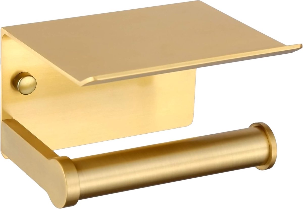 Thijox - Toiletpapierhouder Zonder Boren - Zelfklevende WC Rolhouder met Opbergplank in Goud Aluminium - Wandmontage Inclusief Schroefoptie voor Badka