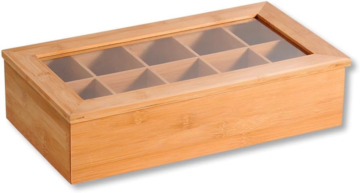 SnelShoppen - Theedoos met 10 Vakken en Kijkvenster van Bamboe | Bruin | 36x20x9 cm | Perfect voor Keuken, Thee- en Koffieliefhebbers