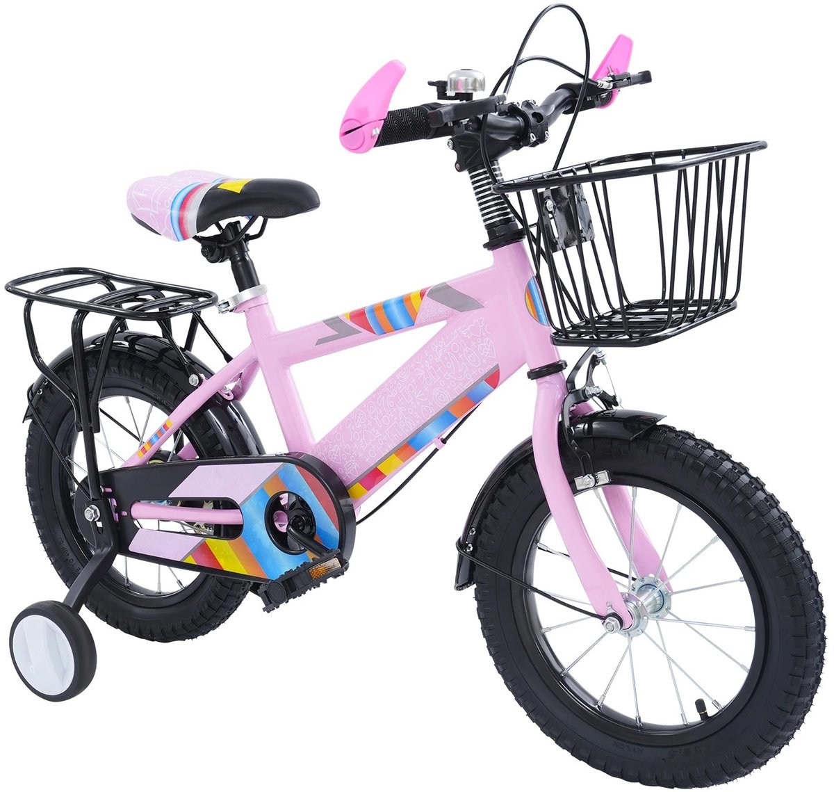 Dailygoods 14 inch kinderfiets voor kinderen van 3-6 jaar oud met zijwieltjes & mandje & verstelbare zadel & antislipban