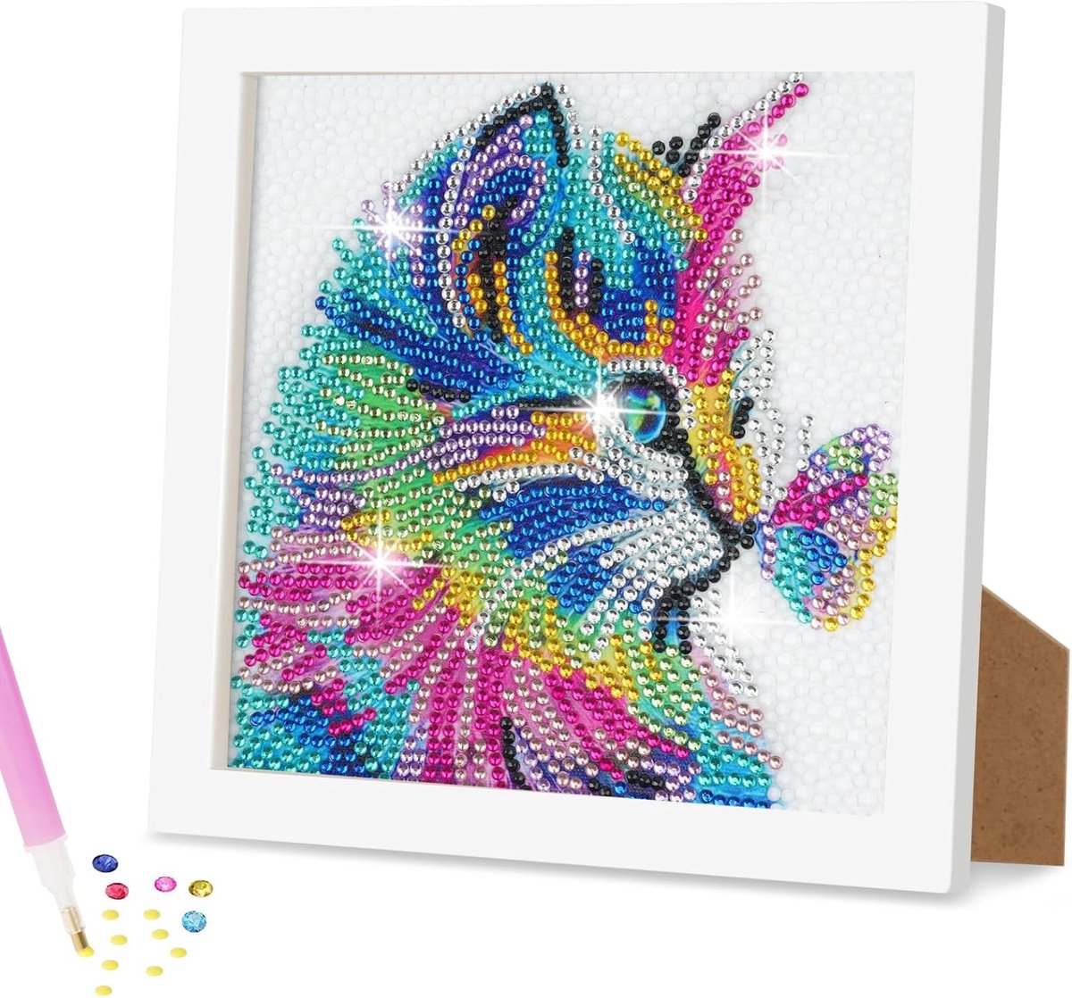 Thijox - AUAUY Diamantschilderij Met Houten Frame, 5D Doe-Het-Zelfset, Schilderen Op Getallen Voor Volwassenen, Kat Muurdecoratie, Creatief Kunstambac