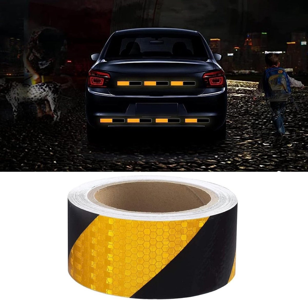Reflecterende Veiligheidsband voor Voertuigen, Zelfklevende Waarschuwingssticker, Waterproof, 10m x 5cm, Zwart/Geel, Ideaal voor Auto's en Trailers, Verbeter Zichtbaarheid en Veiligheid