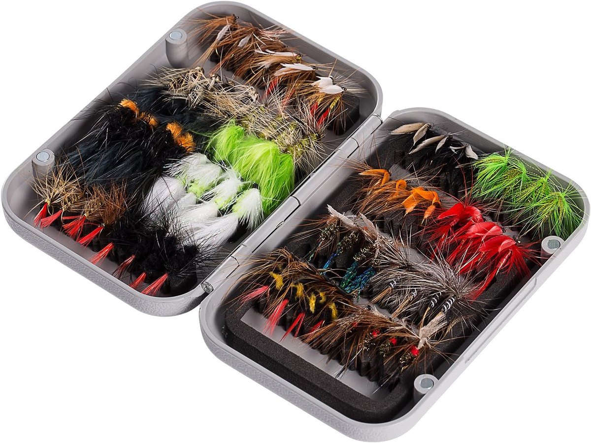 SnelShoppen - Bassdash Vliegvissen Kit - 64 Stuks Assortiment Vliegen, Droge/Natte Vliegen, Nimfen, Streamers, Bloedzuigers met Magnetische Vliegendoo