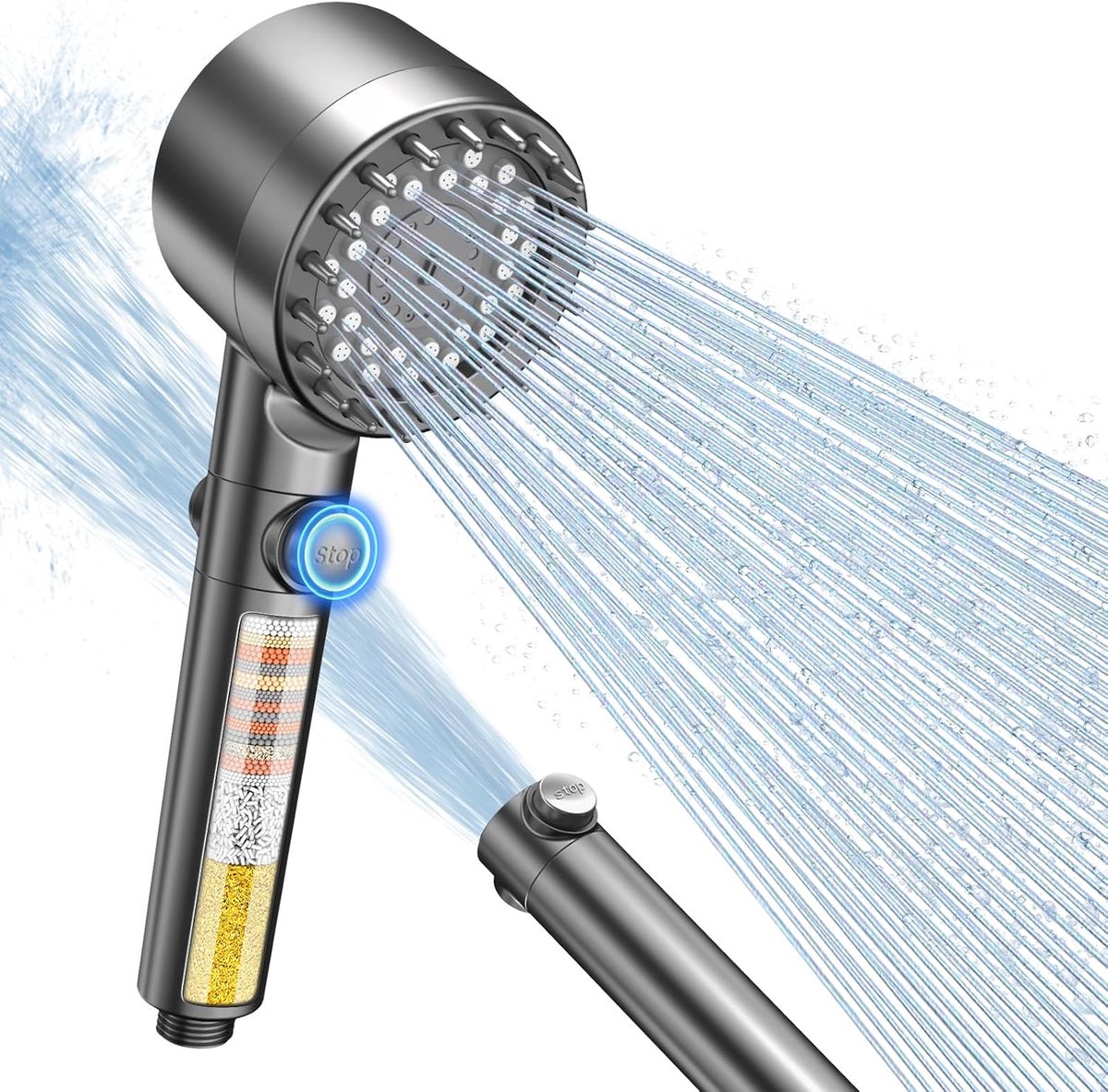 Thijox - Douchekop met 15-Laags Filter, 4 Straalsoorten, Hogedruk Waterbesparende Handdouche, Anti-verstoppingssproeiers, Grijs, Voor Kalk en Chloor V