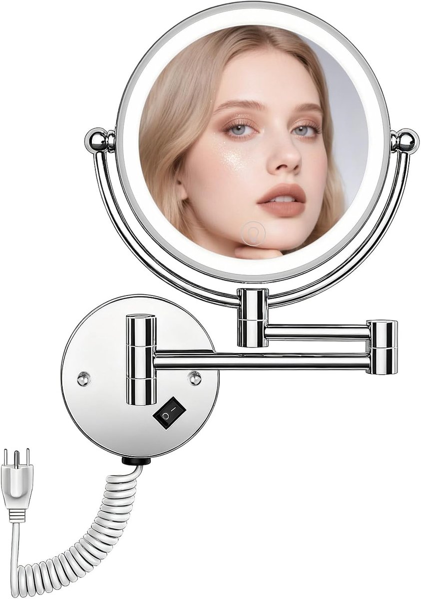 SnelShoppen - Verlichte Makeup Spiegel met 1X/10X Vergroting, LED Spiegel met Dimmer en USB Oplader, Wandspiegel/Tafelspegel, 360° Rotatie, Voor Badka