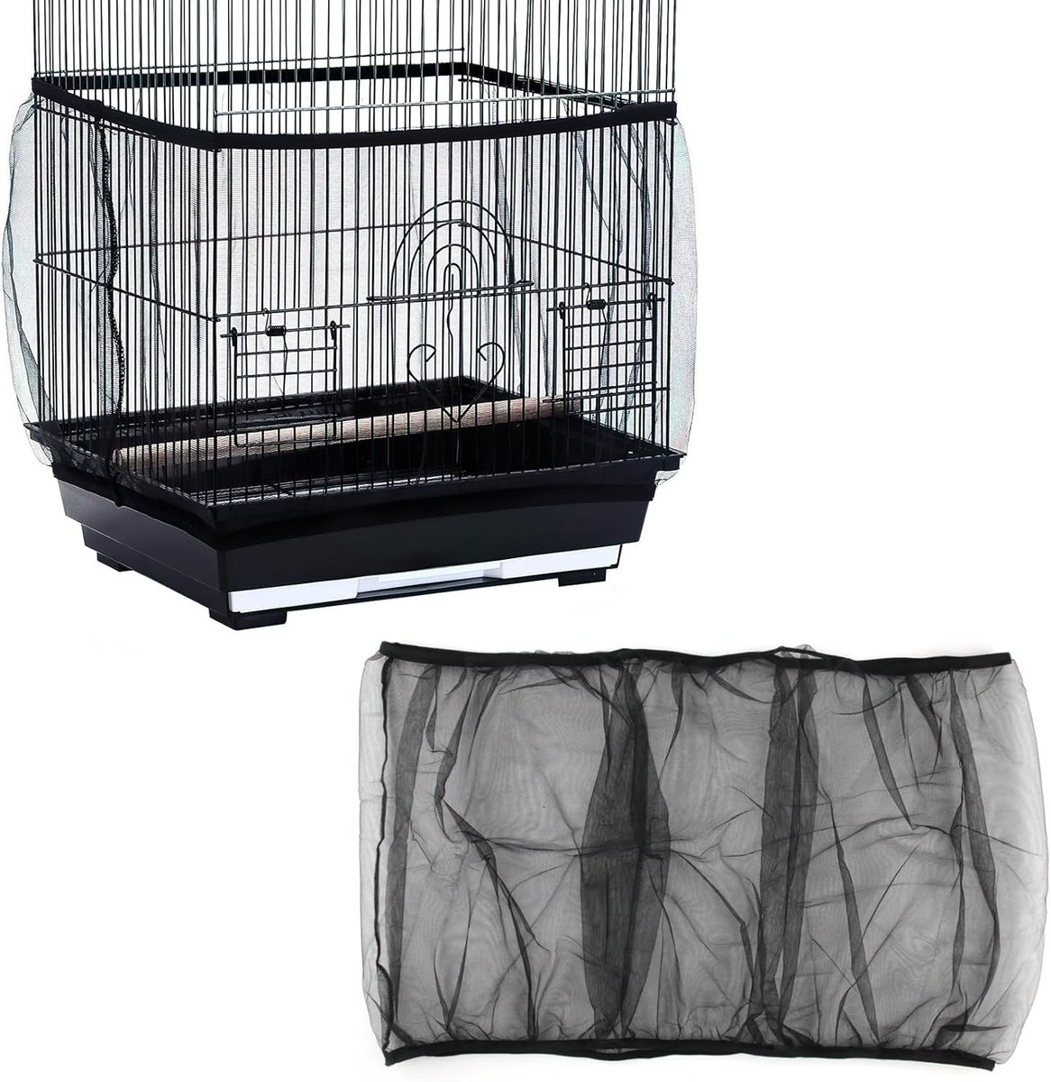 Verstelbare Vogelkooi Deksel voor Papegaaien met Zaadopvang, Stofdicht Nylon Gaas, Eenvoudig Schoon te Maken, Zwart