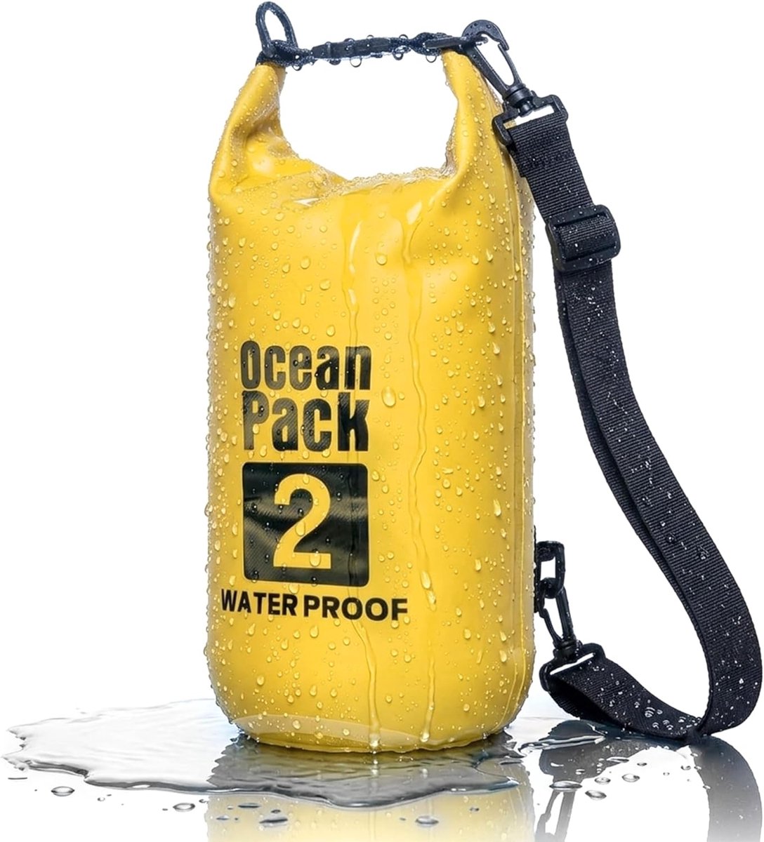 SnelShoppen - Dry Bag Waterdichte Rugzak met Rolsluiting, Schouderriem en Telefoontas, 2L Geel voor Zee, Boot, Vissen, Rafting, Strand en Watersport