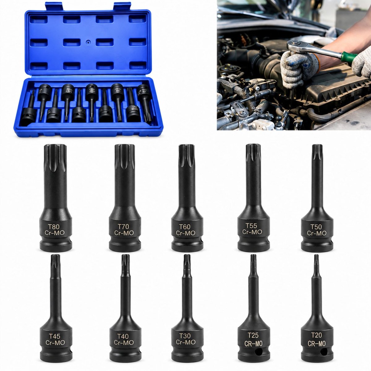 Dailygoods - Torx bit-dopsleutelset 1/2 inch: 10-delige krachtsteeksleutelset T20–T80 van CR-MO voor slagmoersleutel en momentsleutel met opbergdoos