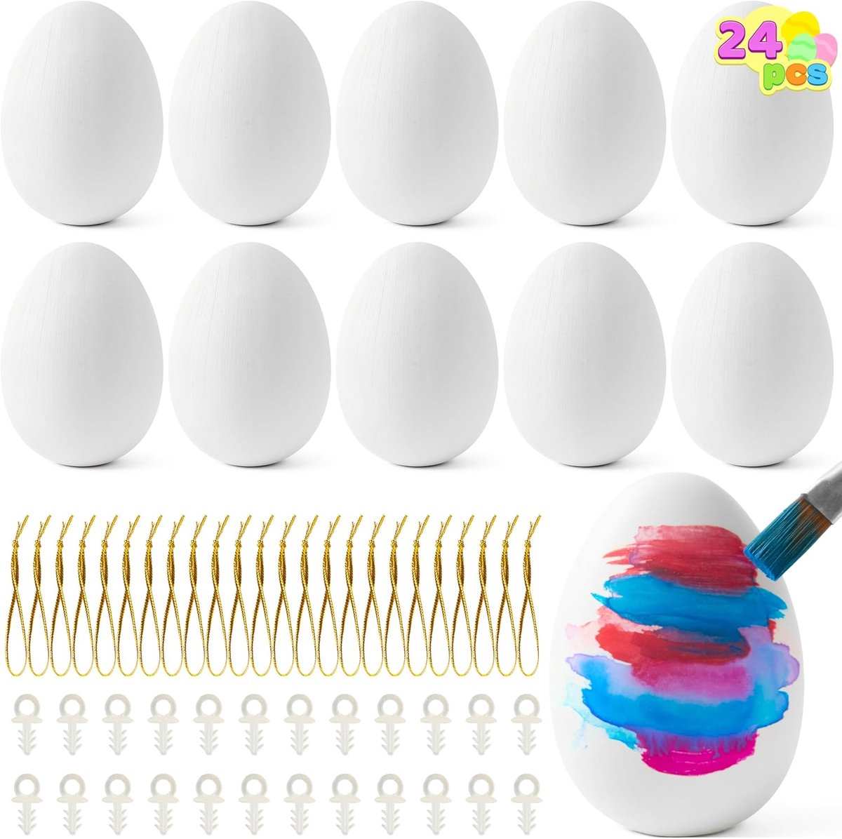 Thijox - 24 stuks plastic paaseieren om te schilderen en te decoreren, hangende ambachtelijke eieren met touw voor paasfeest en knutselset