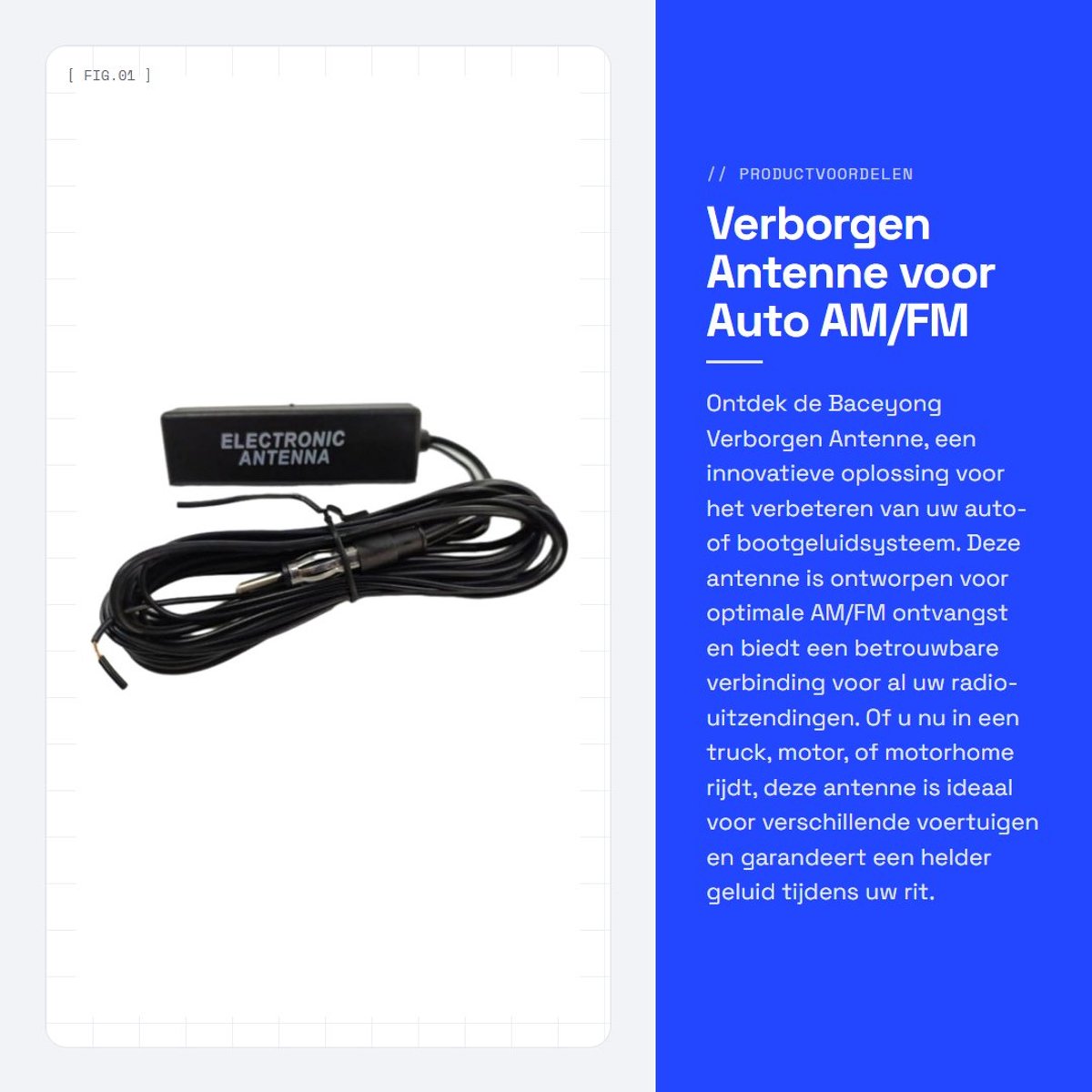 Dailygoods- Auto Antenne Universeel - Versterkte Antenne - Geschikt voor Auto's/Motoren/Boten - 12V - 10cm x 2cm x 2.2cm - Optimale AM/FM Ontvangst - Radioantenne