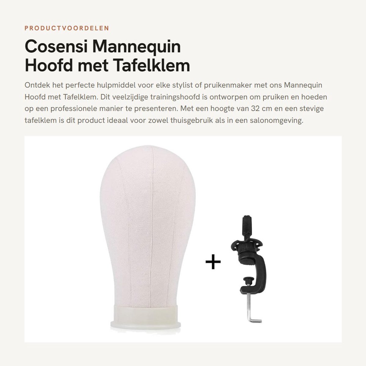 Dailygoods- Mannequin Hoofd 32cm - Oefenhoofd - Trainingshoofd - Tafelklem - Canvas Display - Geschikt voor Pruiken