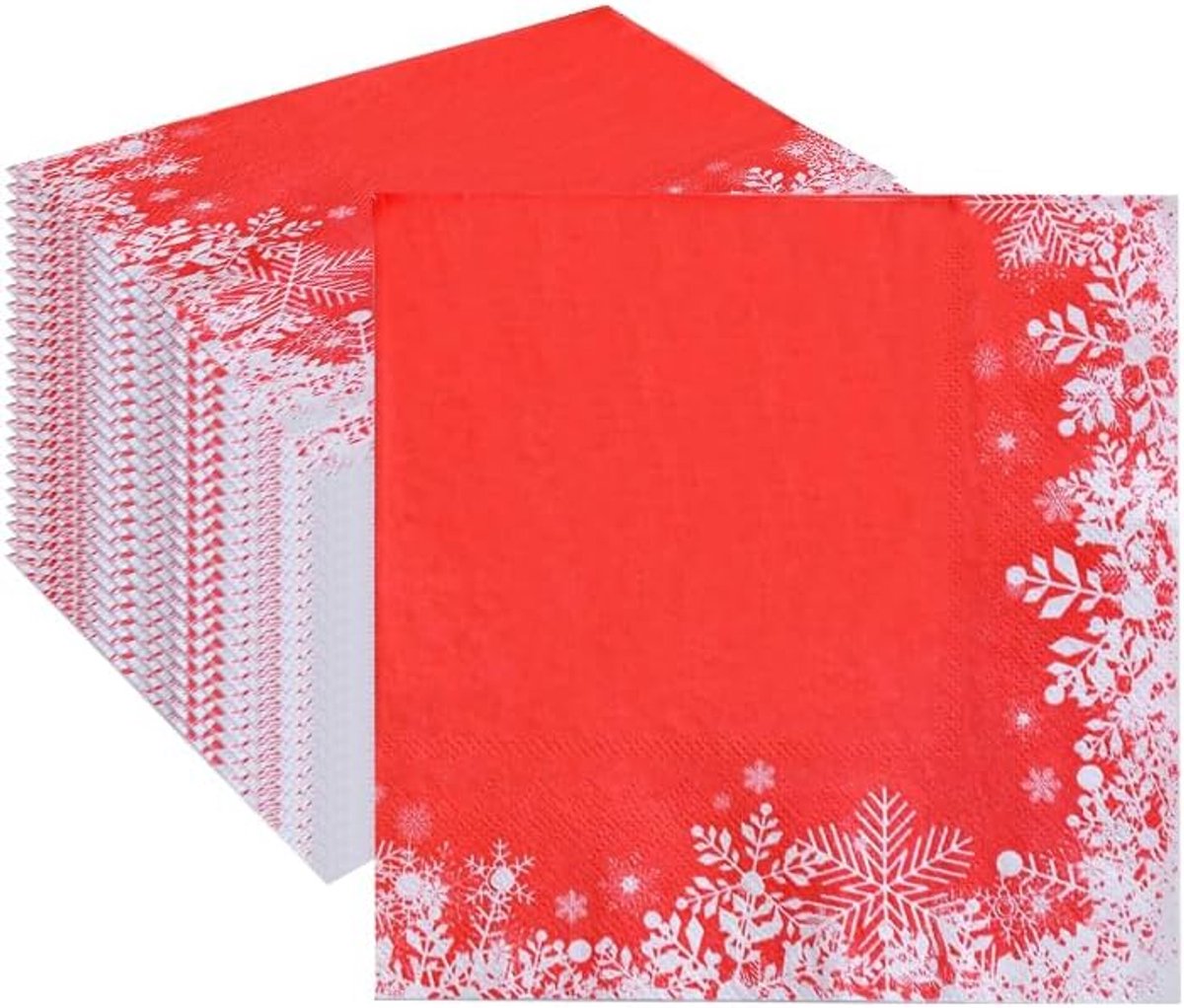 SnelShoppen - 80 Stuks Kerst Servetten Rood met Sneeuwvlokken 6.5 x 6.5 Inch Vintage Papieren Servetten voor Kerst Tafel Decoratie Feestelijke Party