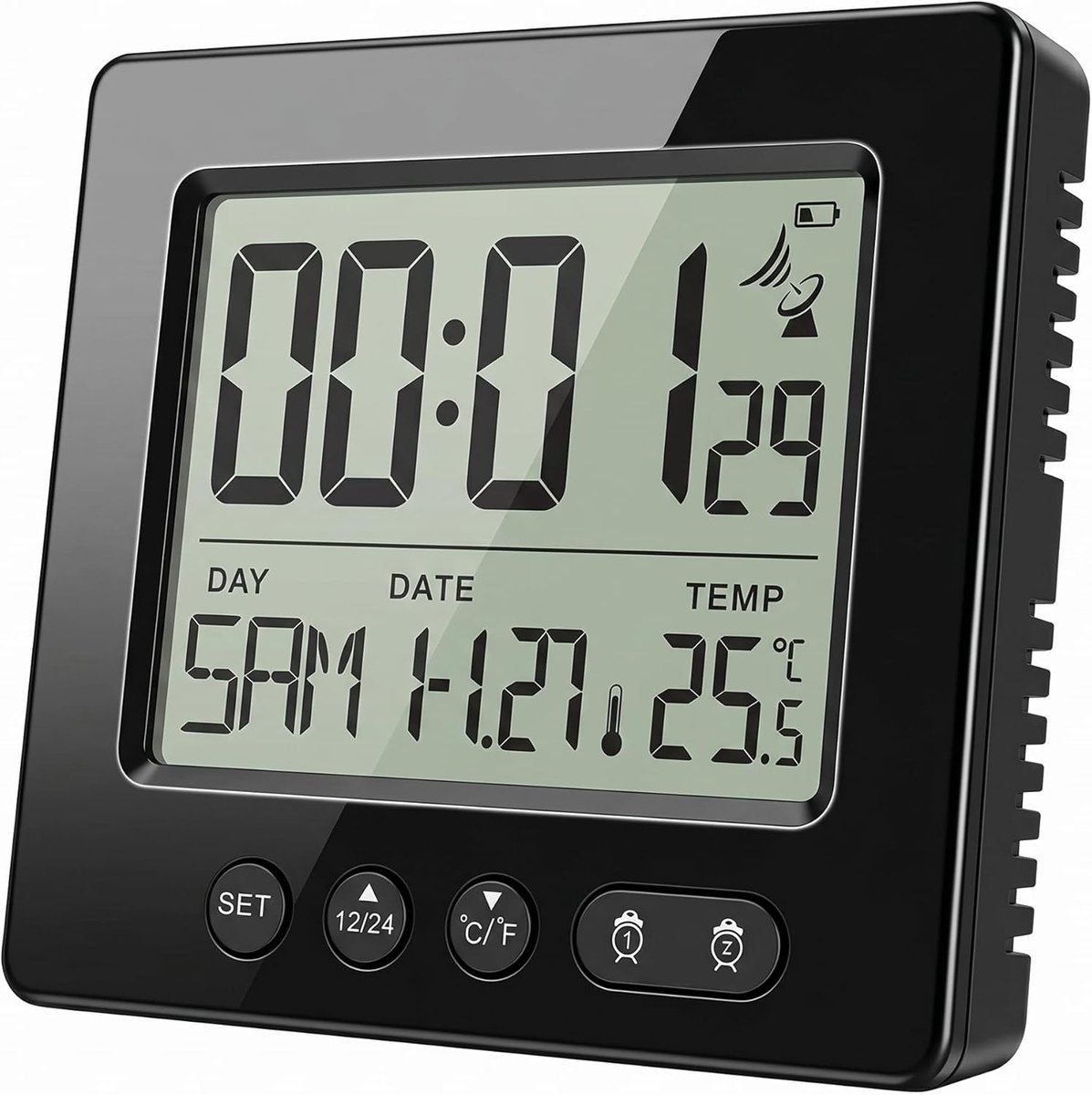 SnelShoppen - Digitale draadloze wekker met DCF-ontvangst, dubbel alarm, temperatuurweergave, achtergrondverlichting, 7 talen, zwart, ideaal voor sing