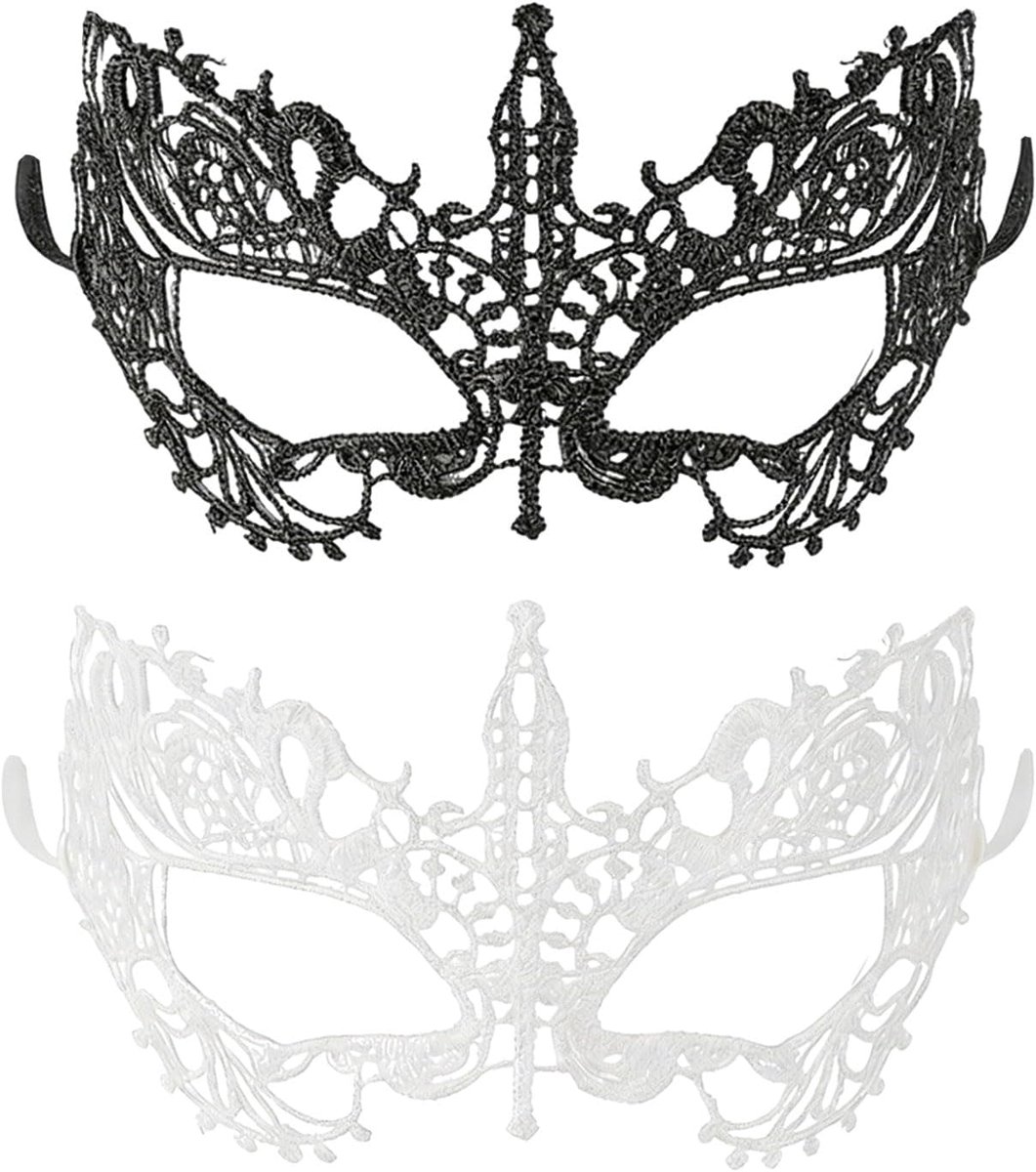 Thijox - 2-delige Set Venetiaanse Kantmaskers Voor Vrouwen, Zwart en Wit, Perfect Voor Carnaval, Kostuumfeest, Bal en Prom, Elegante Feestaccessoires