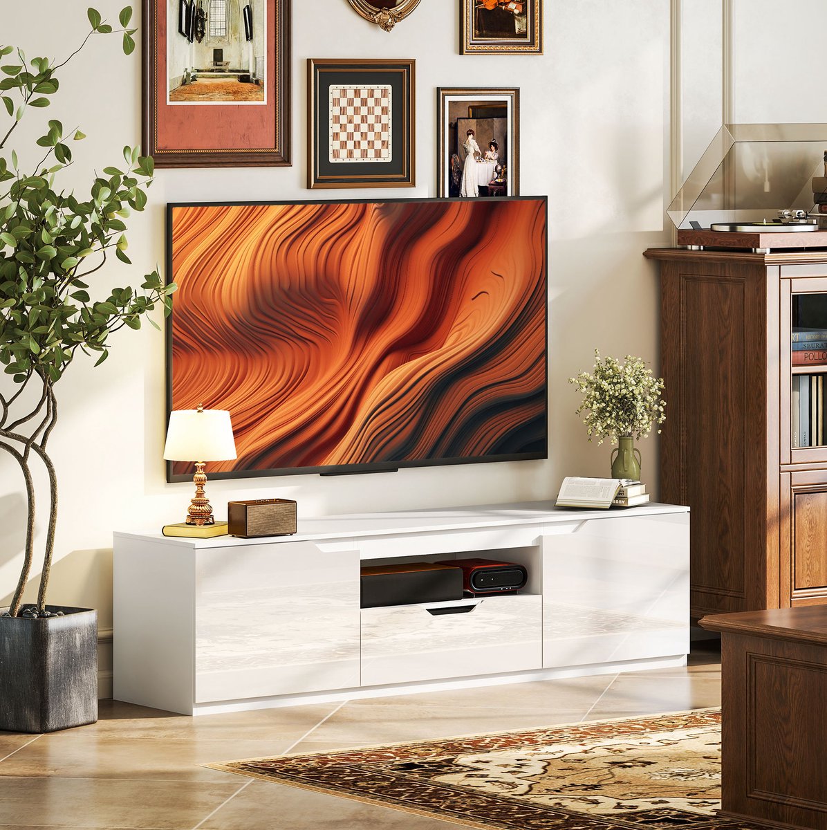 MEUNIQ tv-lowboard 160 x 38 x 43 cm met 2 deuren, 1 lade en open vak, tv-meubel met kabelmanagement voor tv tot 65 inch, woonkamer, wit