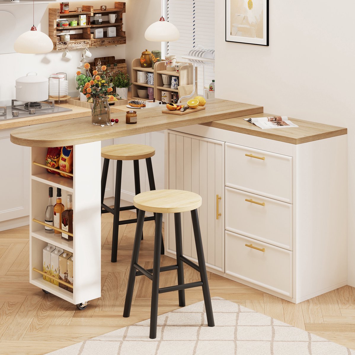 DESMIU Bartafel - Draaibaar En Uitschuifbaar Met 3 Lades - Voor Eetkamer Woonkamer En Werkkamer - MDF En Metaal - 128-203x39x90 Cm - Wit