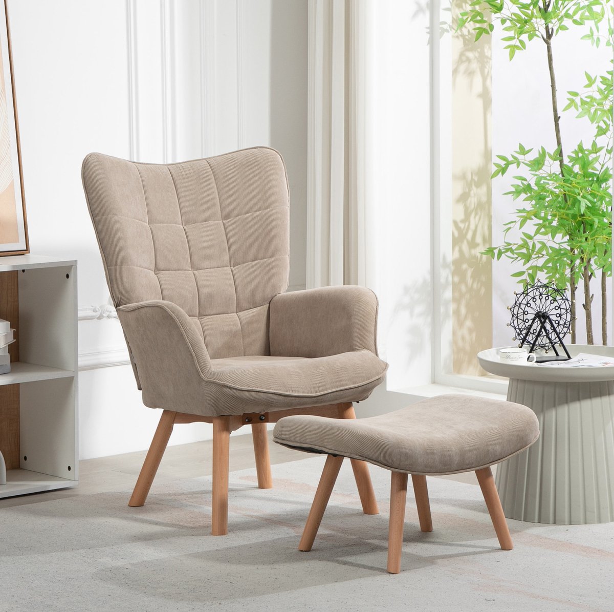 MEUNIQ relaxfauteuil met hocker, 80 x 72 x 101 cm, hoge houten poten, gestoffeerde zitting, geblokte afwerking, voor de woonkamer, khaki