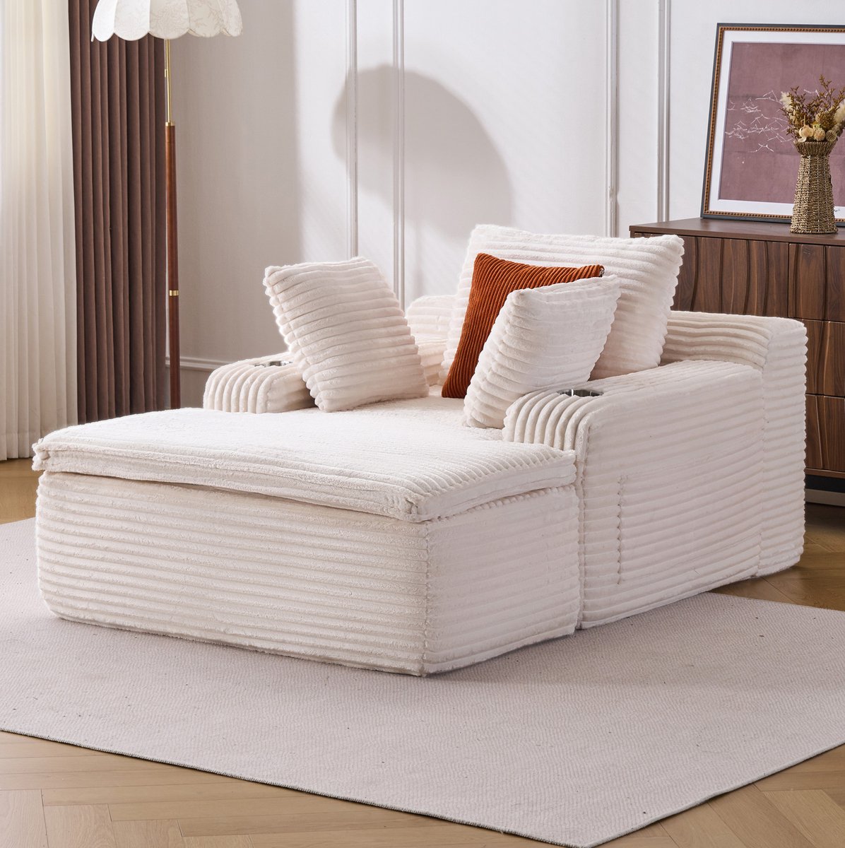FloraGrace Chaise Longue 165 x 112 x 63 cm - Boneloos Vloersofa Met 3 Kussens En 2-In-1 Kussenplaid - Ribstof - Beige