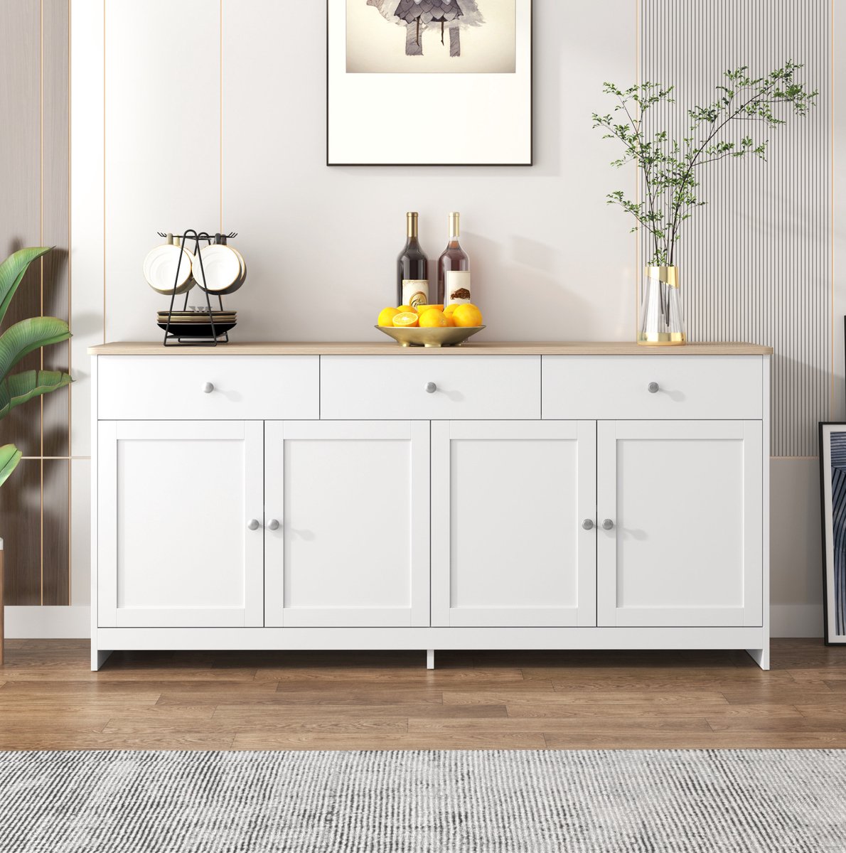 MEUNIQ dressoir 160 x 37 x 75 cm met 3 lades, 4 deuren en verstelbare planken, sideboard voor woonkamer, eetkamer of keuken, wit en houtkleur White