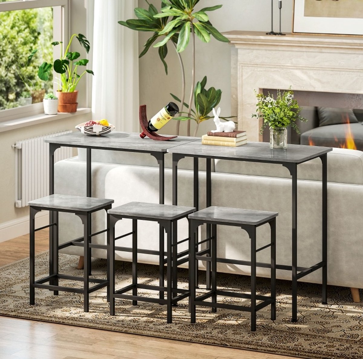 MEUNIQ Bartafel set met 2 barkrukken 80 x 50 x 87 cm industrieel tafel en stoelen set met verstelbare poten en voetsteunen voor keuken, eetkamer of huisbar grijs