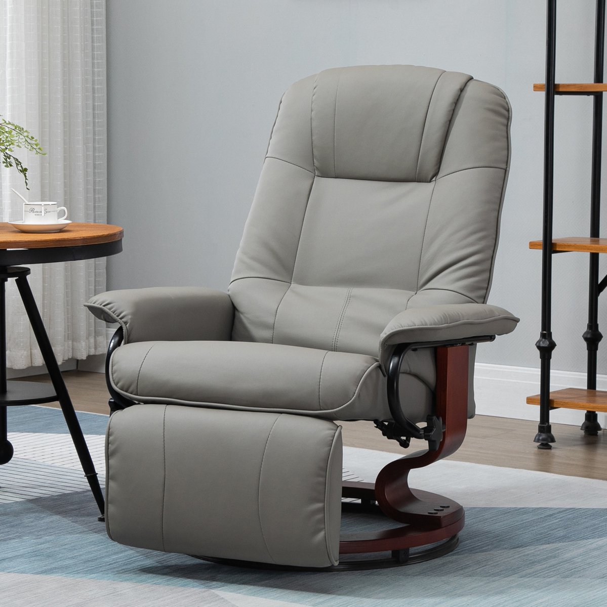 MEUNIQ Relaxfauteuil 78 x 87 x 100 cm met 145° verstelbare rugleuning, ligfunctie, voetsteun, draaibare houten basis en kunstleren bekleding voor woonkamer, grijs