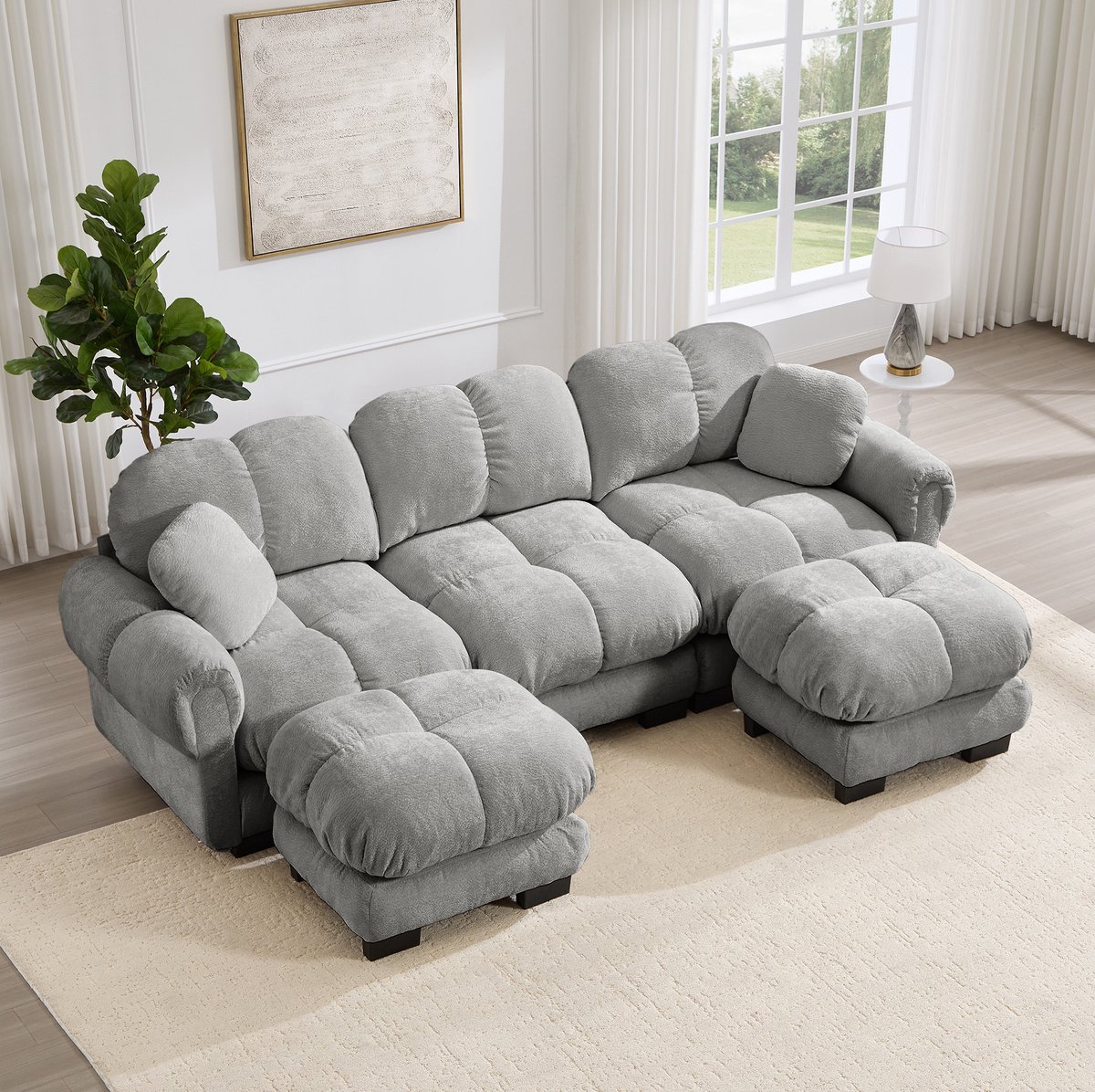 HAUSS SPOLE U-Bank - Modulaire Cloud Bank Met Verplaatsbare Ottoman En 2 Sierkussens - Voor Woonkamer En Lounge - Chenille Lichtgrijs