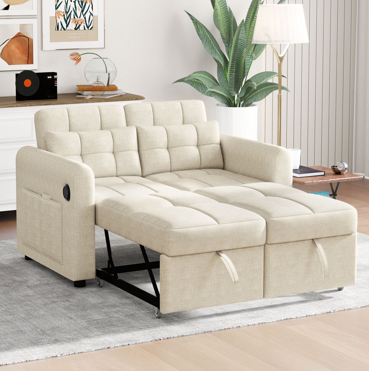 DESMIU Slaapbank 142 Cm - 3-in-1 Uitklapbaar Met Verstelbare Rugleuning, USB En Armleuningvakken - Voor Woonkamer En Slaapkamer - Katoen Linnen Beige