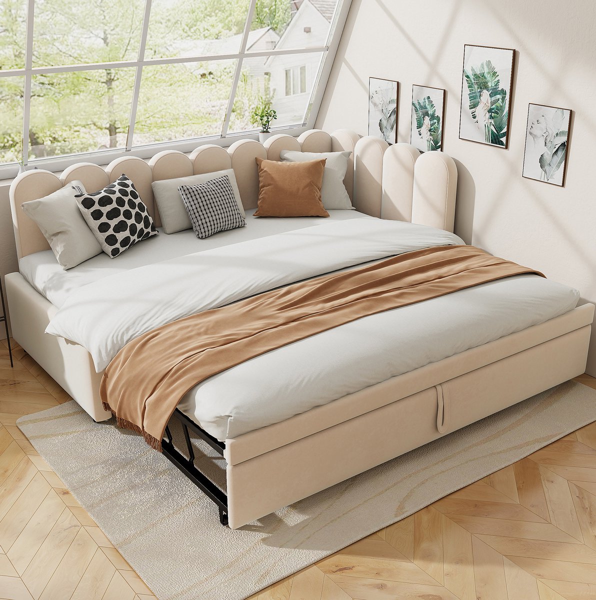 MEUNIQ L-vormige slaapbank 90 x 200 cm uitschuifbaar naar 180 x 200 cm, gestoffeerd bed met rugleuning en lattenbodem voor slaapkamer of logeerkamer, beige