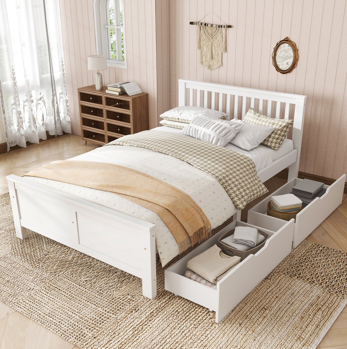 MEUNIQ tweepersoons bedframe 140x200 cm met 2 opberglades, lattenbodem, verticaal hoofdbord, grenen en MDF, normaal bed voor slaapkamer, wit