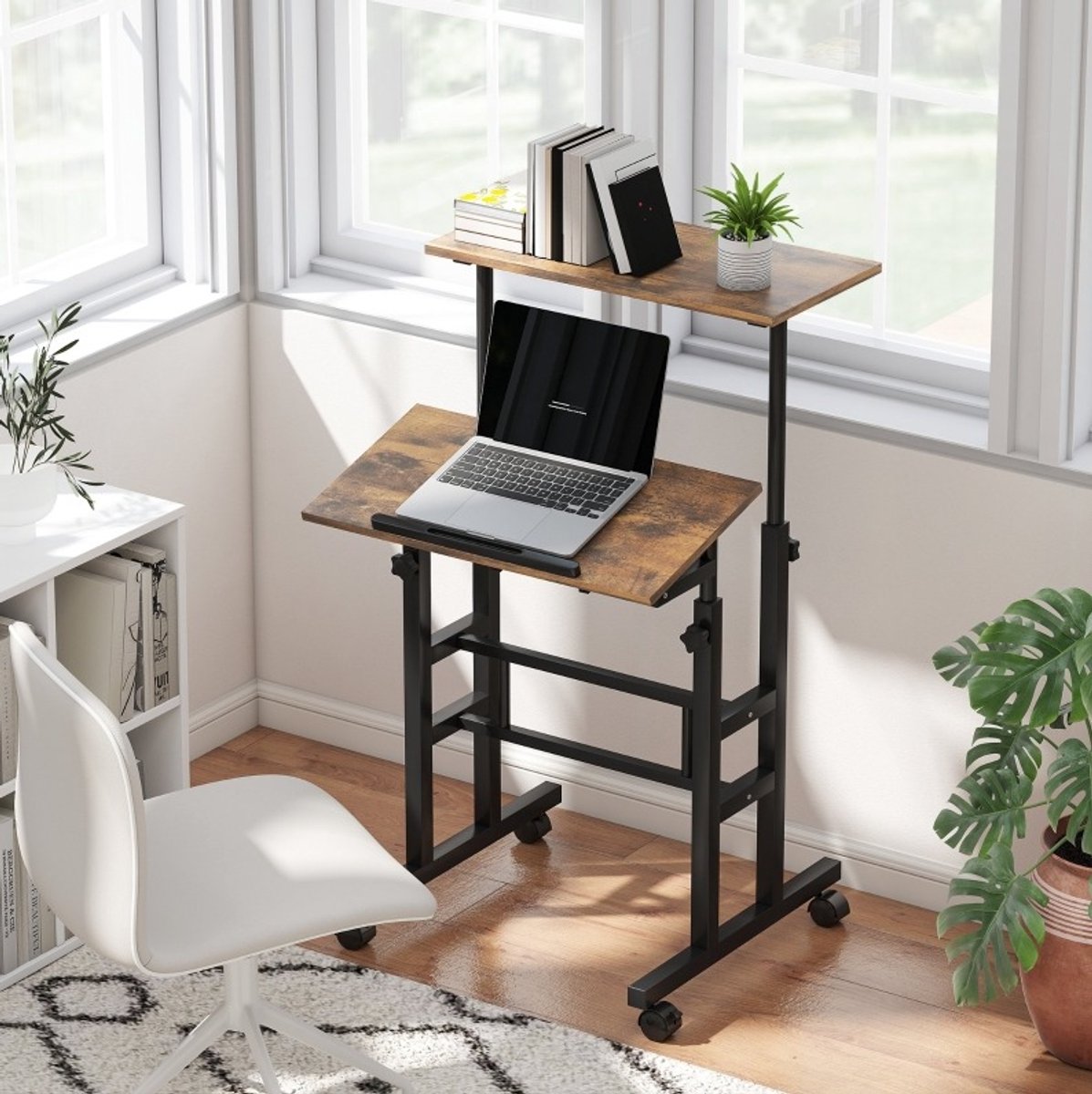 MIVRAY Bureau - In Hoogte Verstelbaar Met Kantelbaar Blad En Wielen - Voor Thuiswerk En Studie - Hout En Metaal - 60x60x70,5-120 Cm - Rustiek Bruin