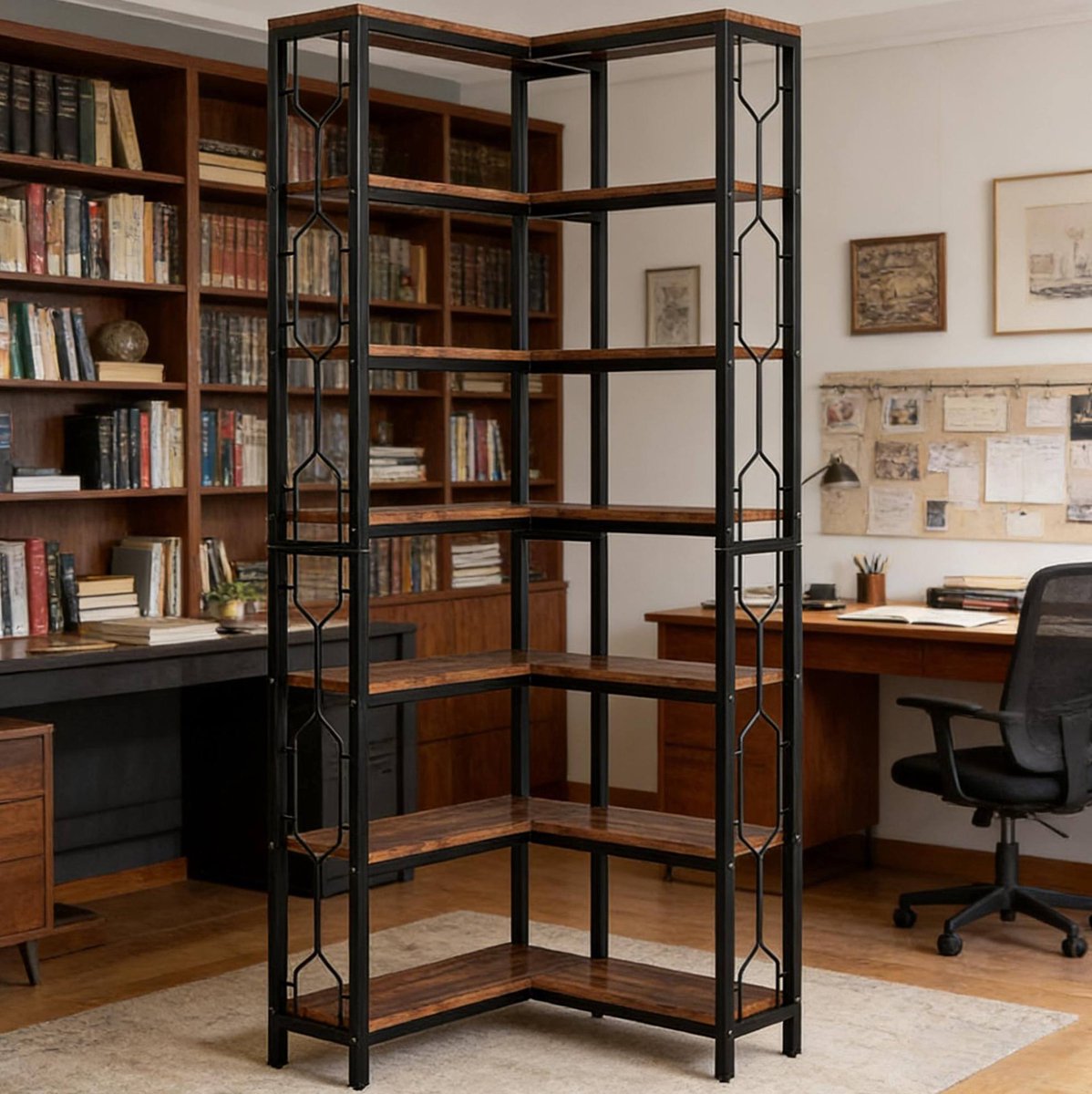 HAUSS SPOLE Boekenkast - Industrieel Hoekrek Met 7 Planken - Voor Woonkamer Of Kantoor - Hout En Metaal - 60x60x200 Cm - Zwart Bruin