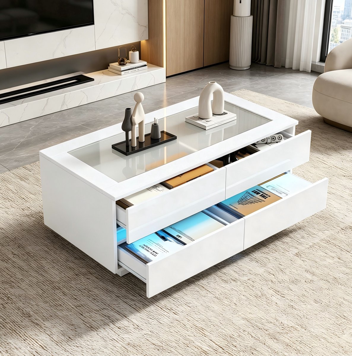 STILVORA Salontafel - Met 4 Lades En Ledverlichting - Voor Woonkamer - Gehard Glas En Spaanplaat - 100x50x40 Cm - Wit