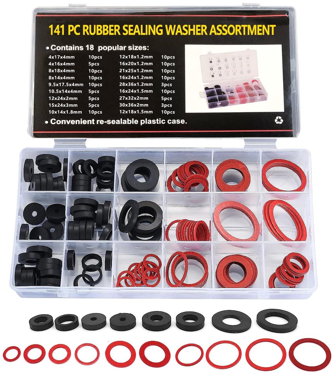 Dailygoods- Afdichtingsringen Set 141 Stuks - O-Ringen/Rubber/Vezel - Dichtingsringen Sanitair - Afdichtringen - Opbergtas - Hoge Temperatuurbestendigheid