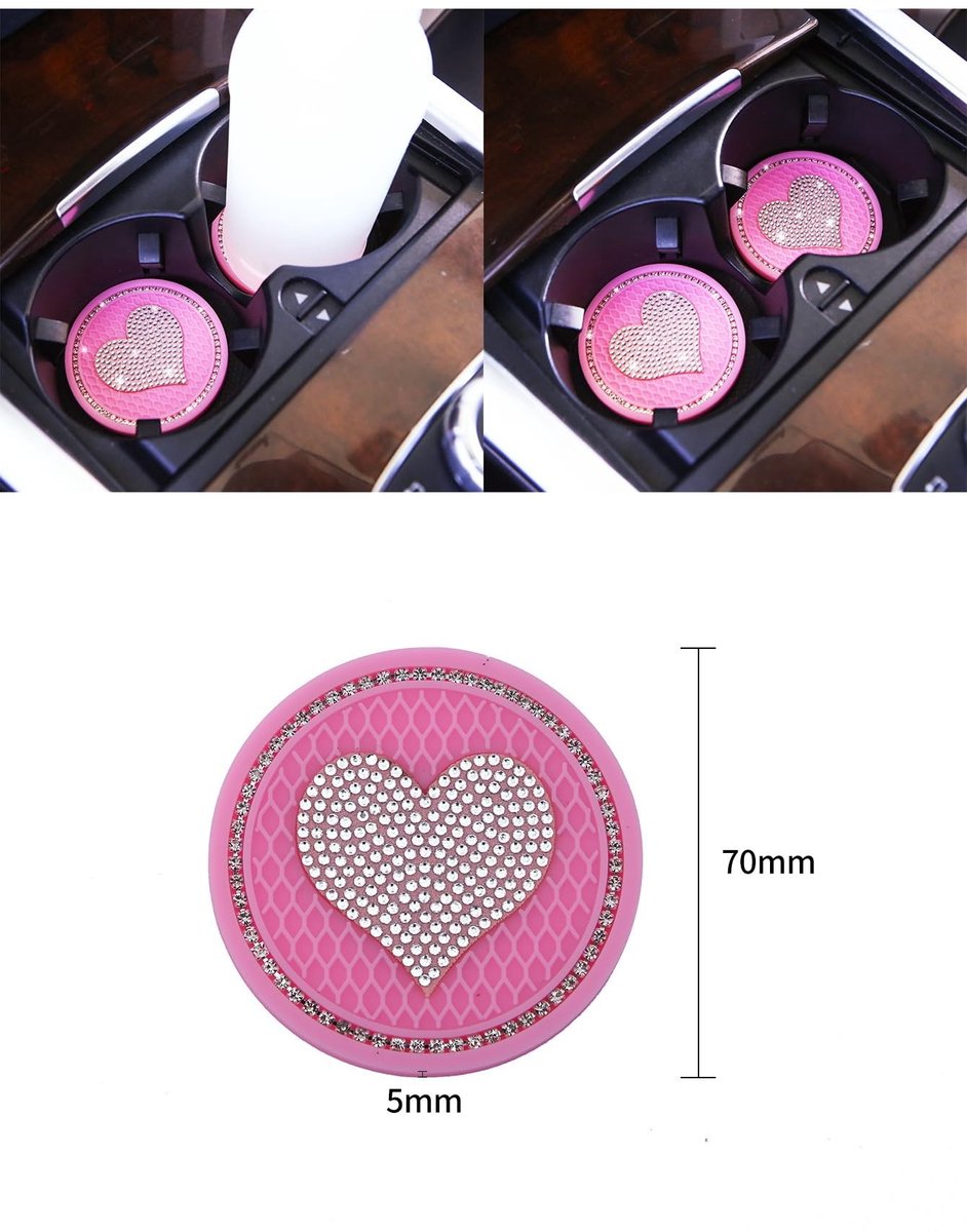 Dailygoods- Onderzetter Auto - 4 Stuks - Ronde Anti-slip Onderzetters - PVC met Strass - Universele Bekerhouder - Diameter 7 cm