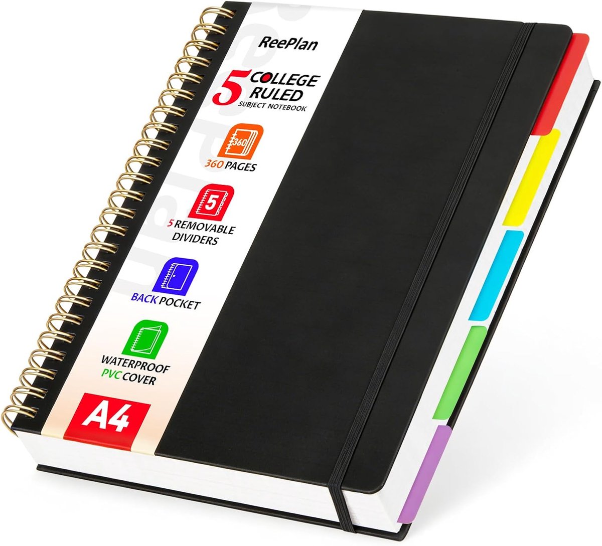 SnelShoppen - Notitieboek A4 gelinieerd spiraalbinding 360 pagina's 100 g/m² papier hardcover met 5 onderverdelingen voor school en kantoor