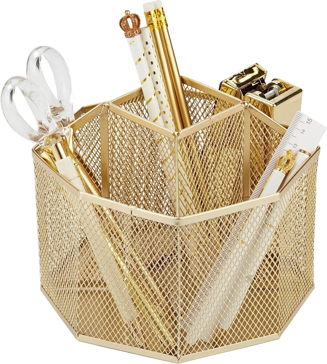 Thijox - Draaien Bureau Organizer met 5 Compartimenten - Gouden Mesh Penhouder voor Kantoor, Thuis, School en Kunst - Stijlvolle Opslagoplossing