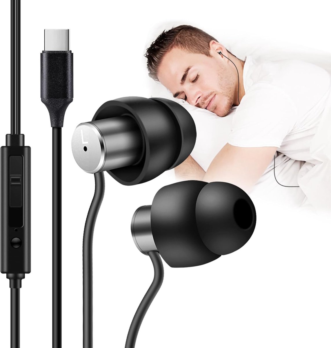 SnelShoppen - Bedrade USB-C Slaapoortelefoon, Ultraplastische Siliconen Geluidsisolerende Oordopjes met Microfoon en Volumeregeling voor Slapeloosheid